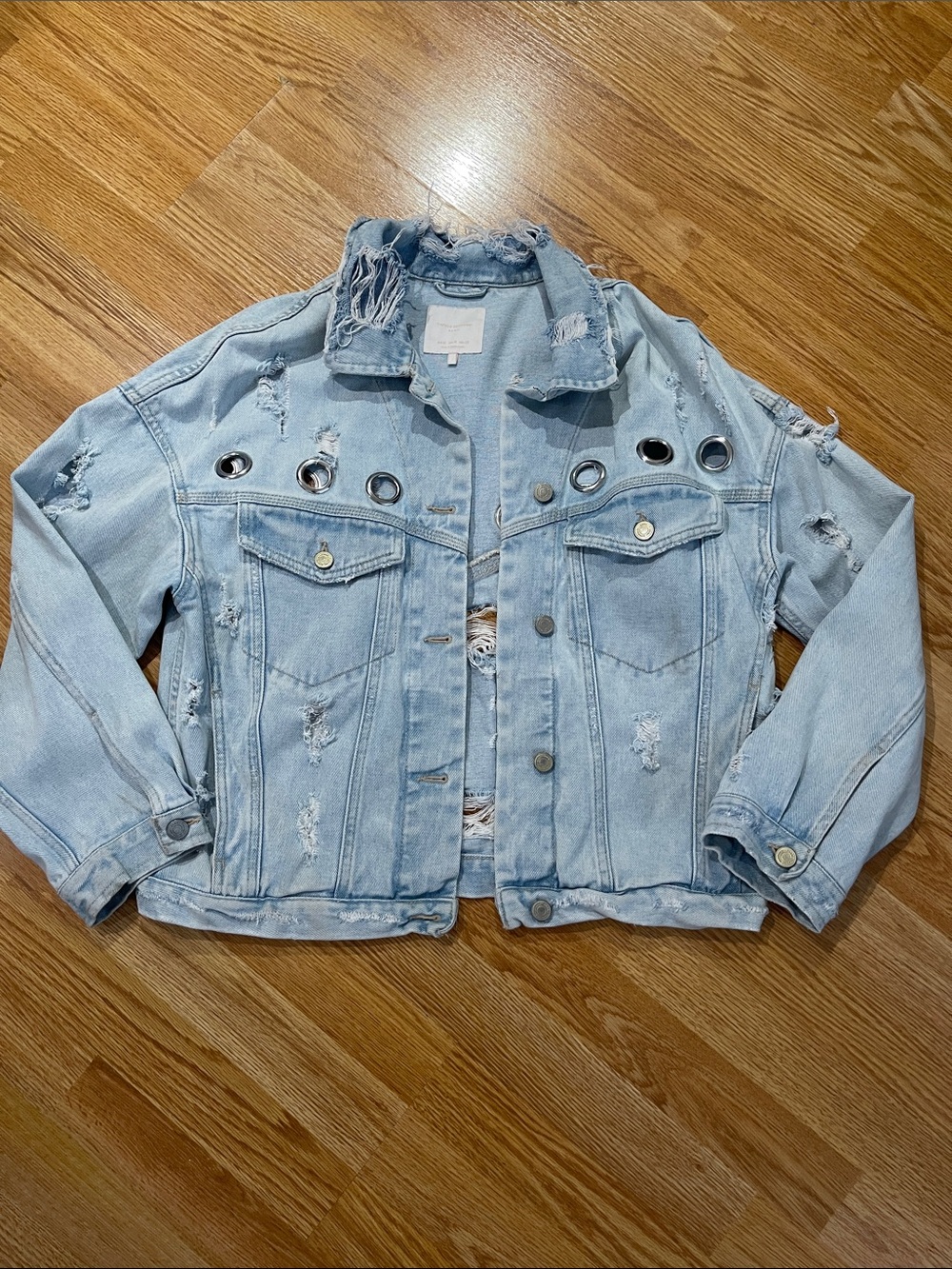 Zara Light Blue Distressed Denim Jacket with Grommet Detail